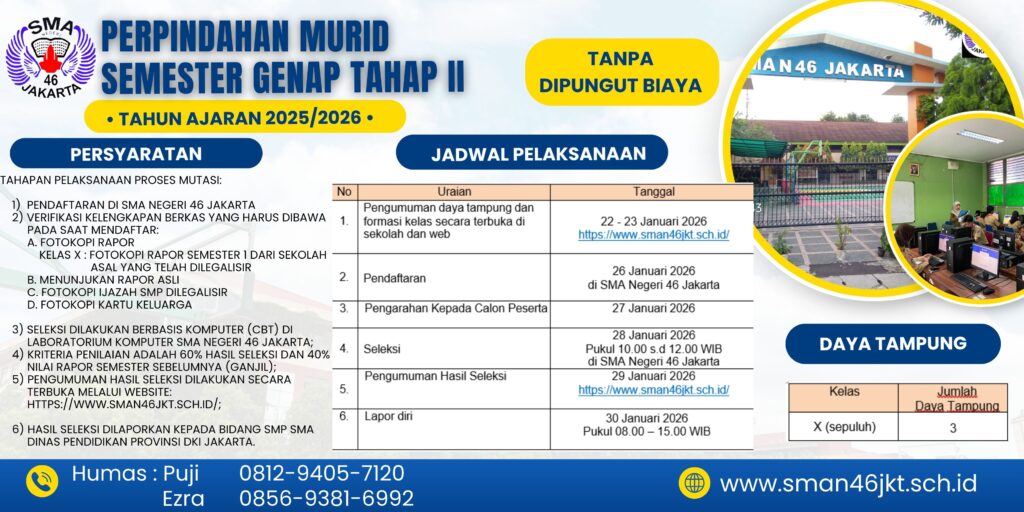 INFO MUTASI MASUK SISWA SEMESTER GENAP T.P. 2025/2026 SMA NEGERI 46 JAKARTA TAHAP II